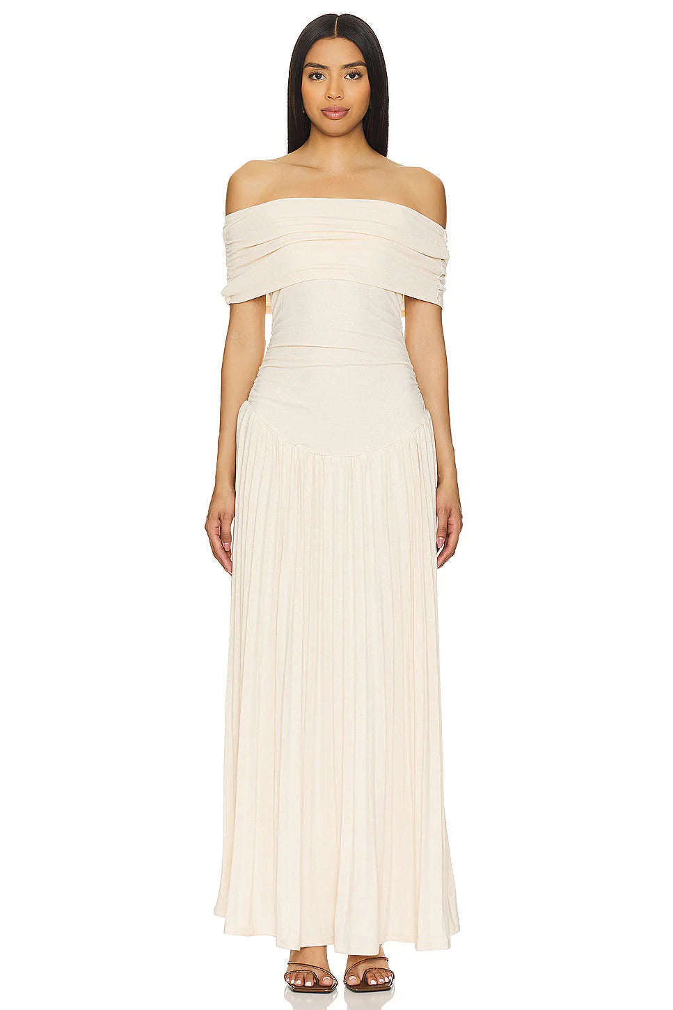 Side detail of off shoulder maxi dress showing bodice construction