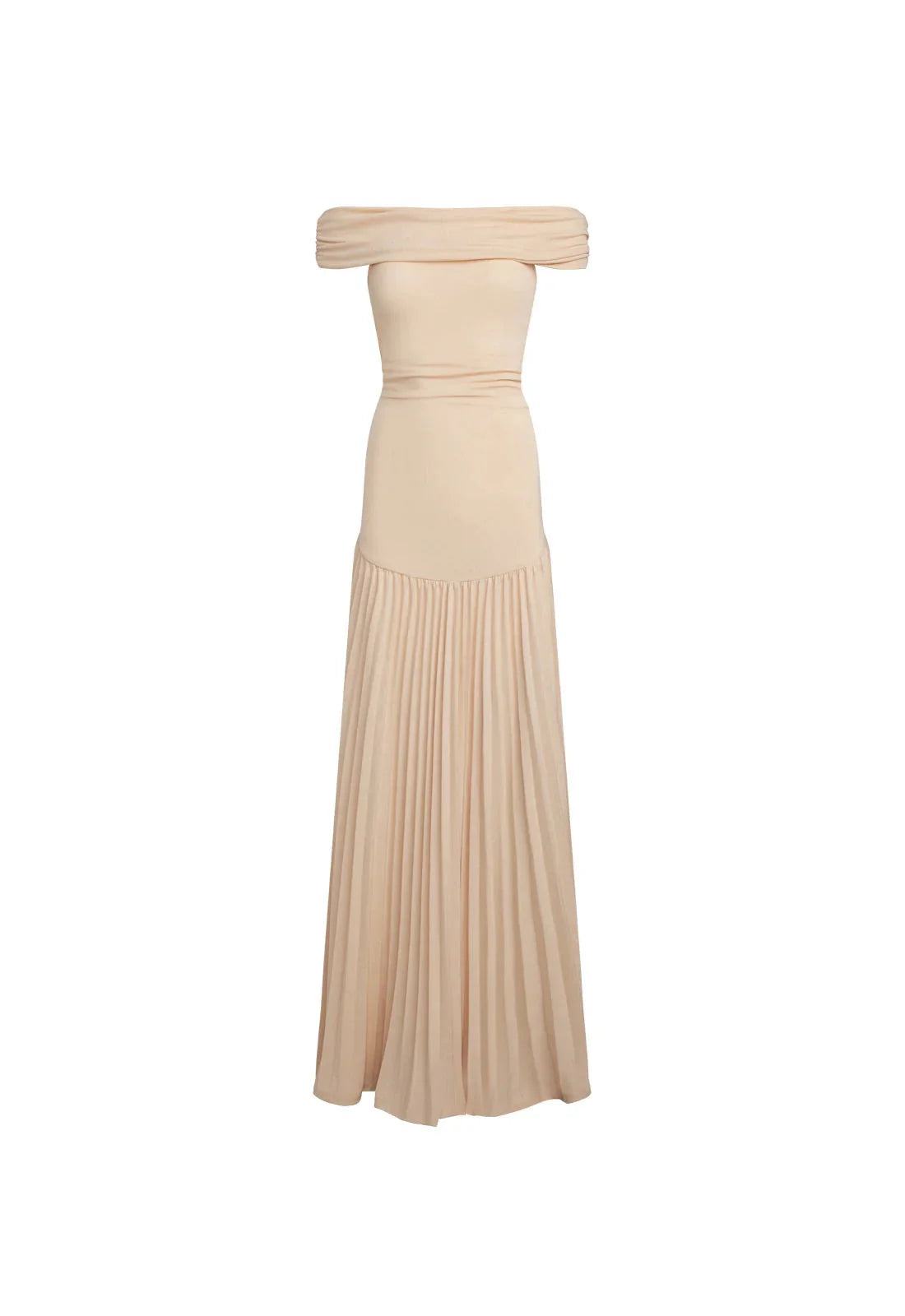 Ankle length maxi dress with flowing pleated skirt in neutral tone