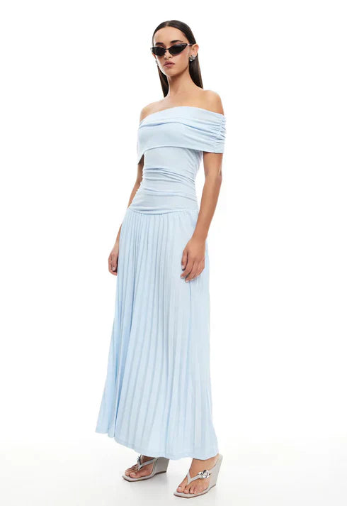 Off shoulder maxi dress showing full length silhouette and drape