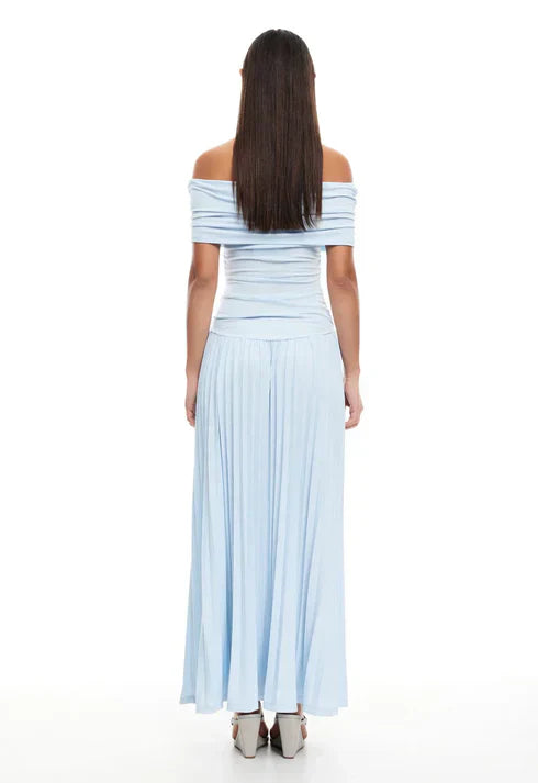 Front angle of off shoulder maxi dress with ruched bodice detail