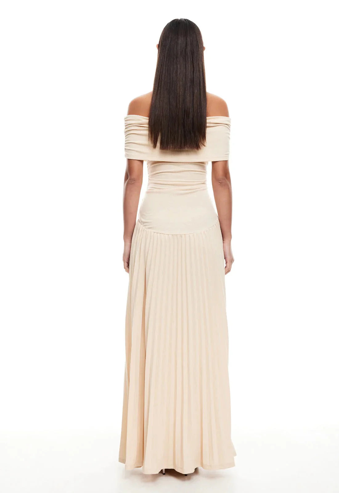 Close up of ruched bodice detailing on off shoulder maxi dress