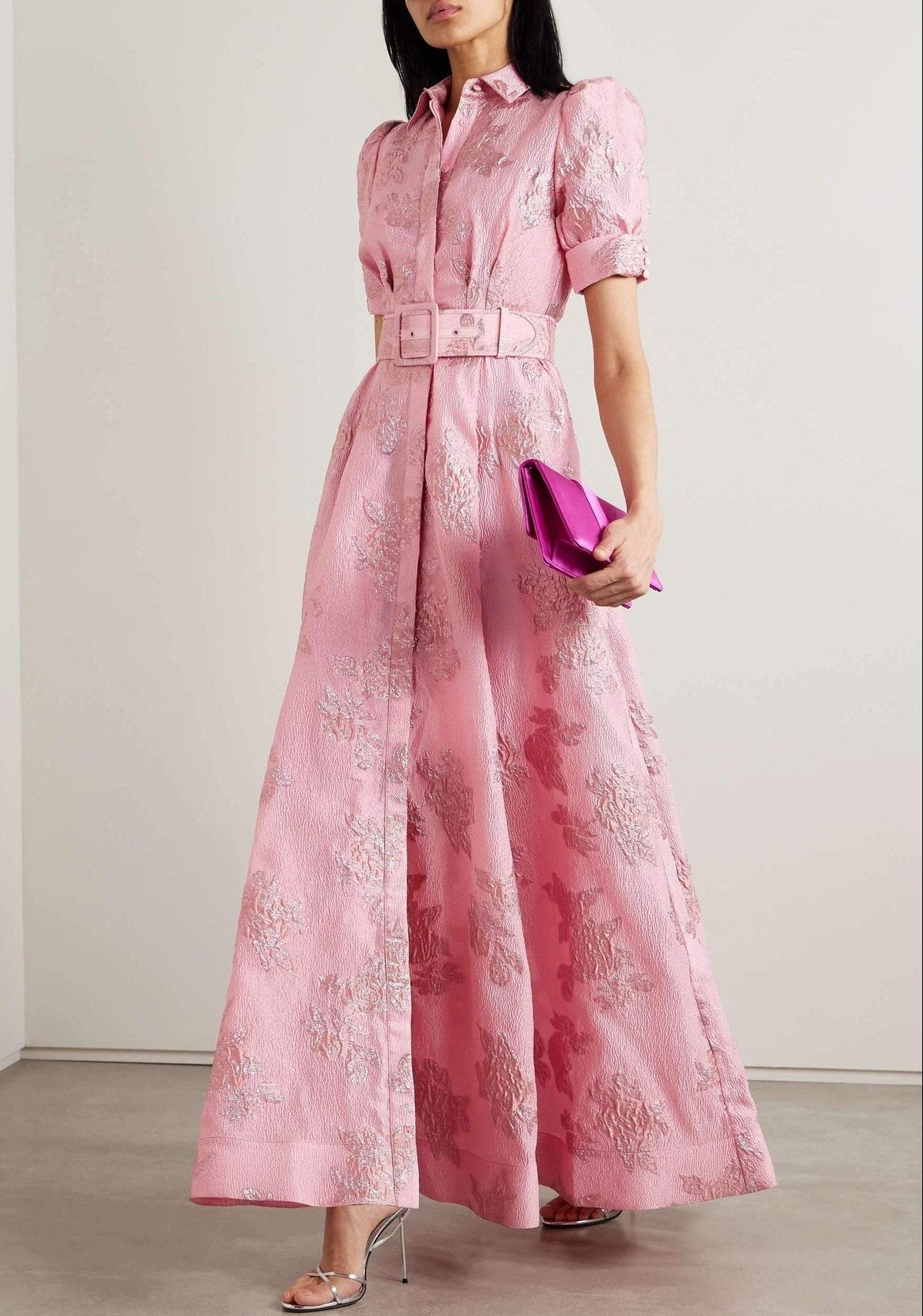 Pink maxi dress for formal wedding guest style with floral jacquard texture and puff sleeves