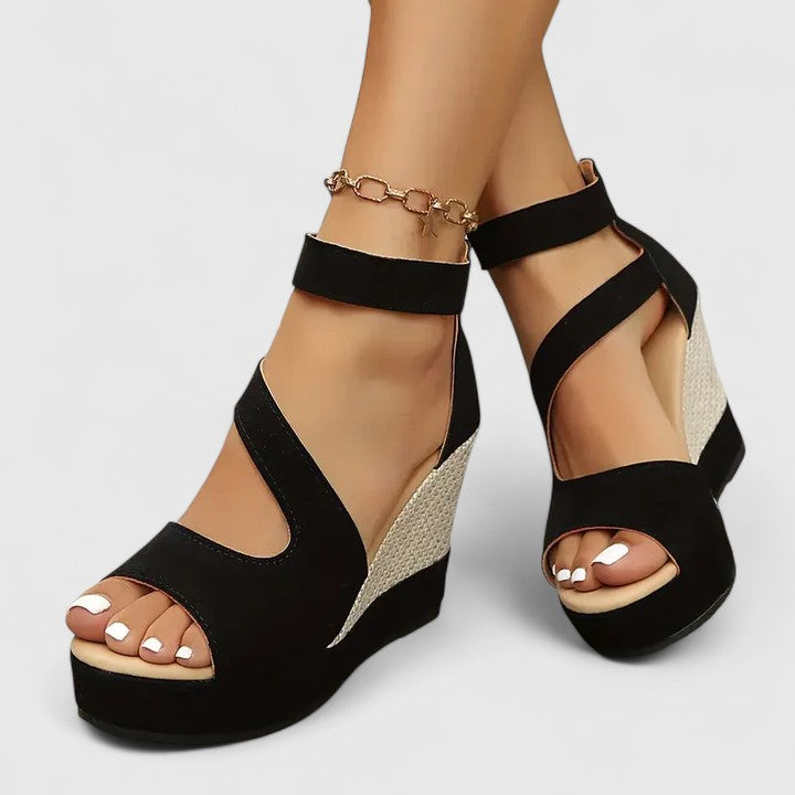 Full view of orthopedic wedge sandals showcasing stable woven heel and comfortable strap placement