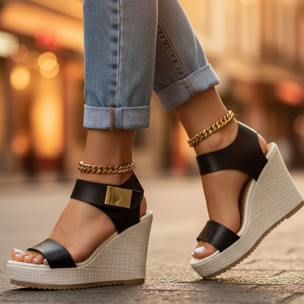 Close-up of gold accent hardware and wide supportive straps on women's orthopedic wedge sandals