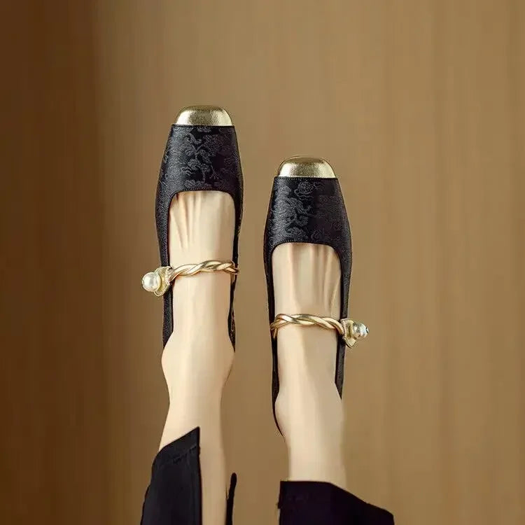 Women's Pearl Strap Mary Jane Shoes in beige showing glitter heel and polished toe cap finish