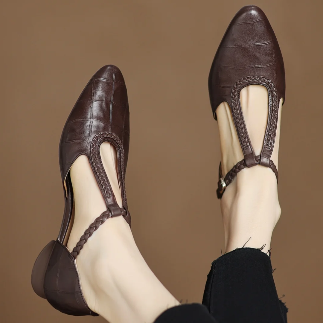 Women's Leather T-Strap Mary Jane Flats Pointed Toe Flat in dark brown with braided strap and buckle closure