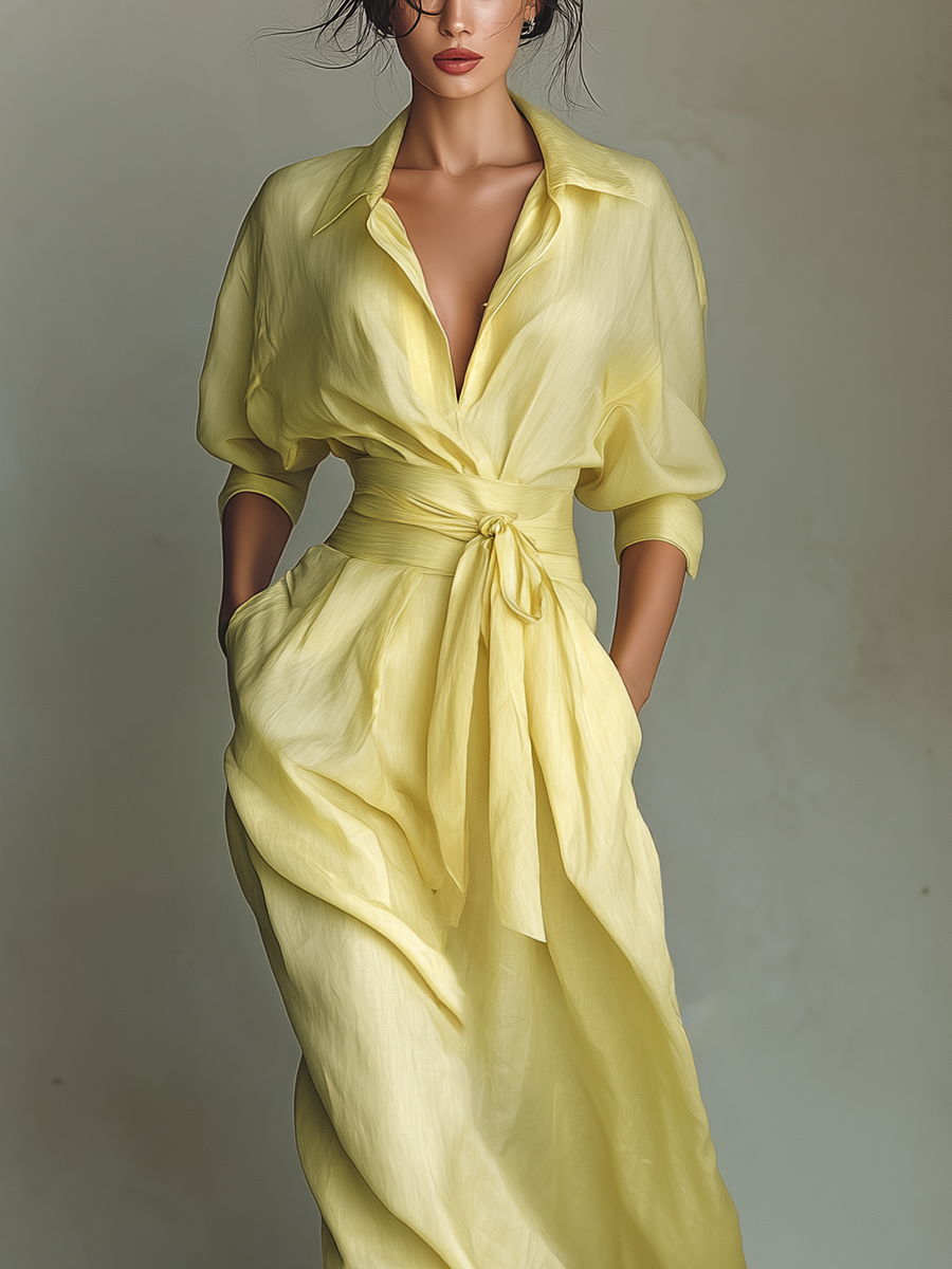 Side view of yellow maxi dress with flowing skirt and relaxed bodice draping naturally