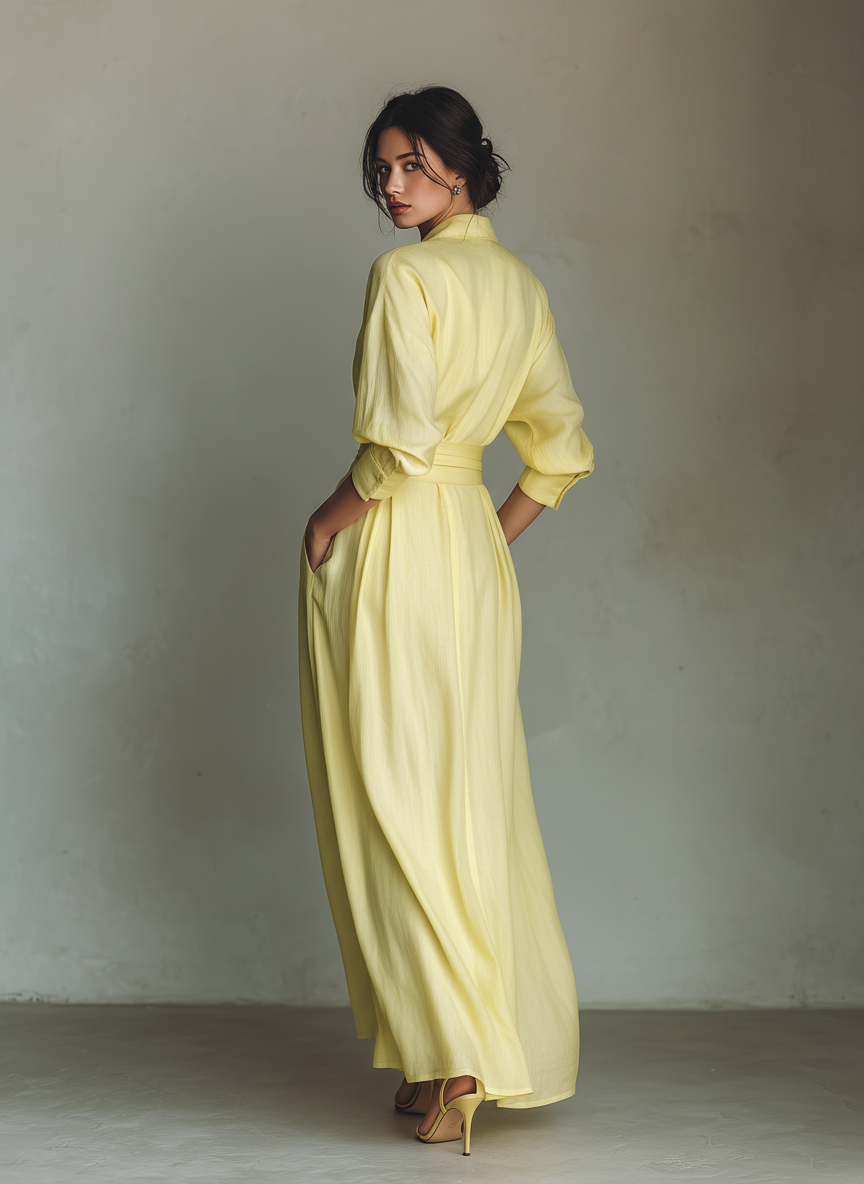 Full-length yellow cotton linen maxi dress styled with strappy heels for evening wear