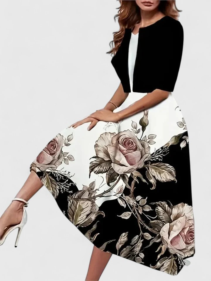 Woman wearing Elegant Midi Floral Dress in natural light showing true colors and drape