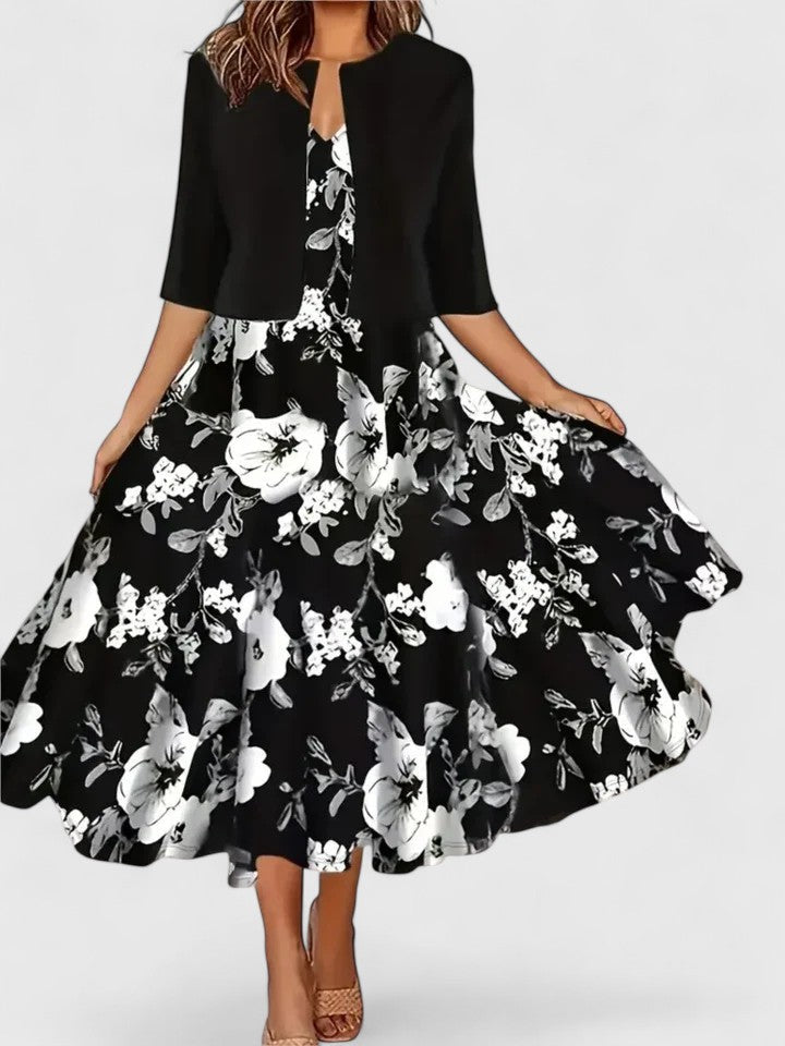 Side view of Elegant Midi Floral Dress showing A-line silhouette and flowing skirt with botanical print