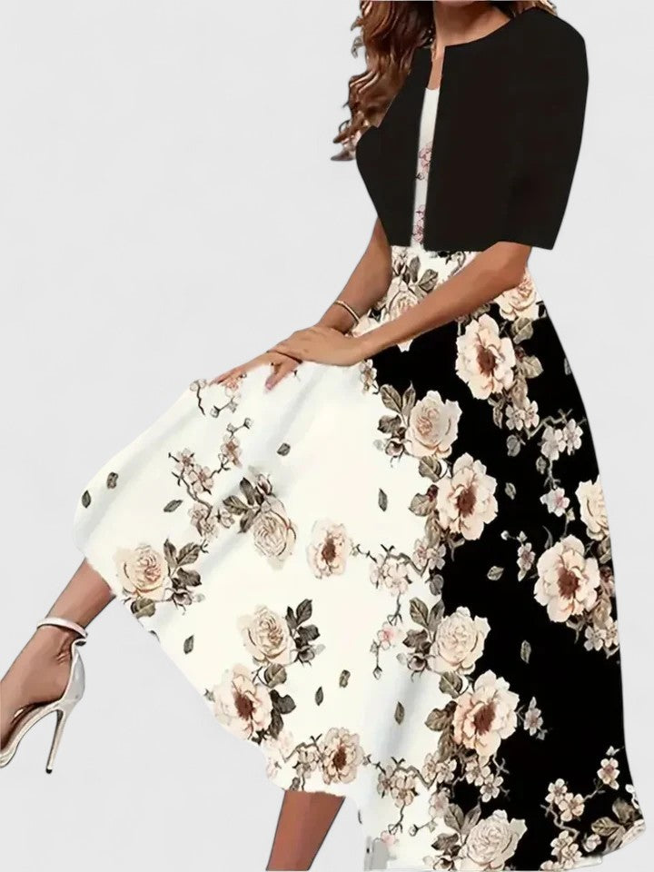 Back view of Elegant Midi Floral Dress featuring fitted bodice and round neckline