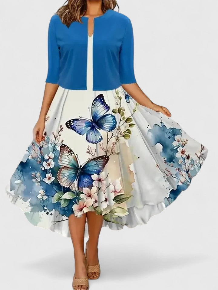 Woman posing in Elegant Midi Floral Dress showing midi-length hemline and flattering fit
