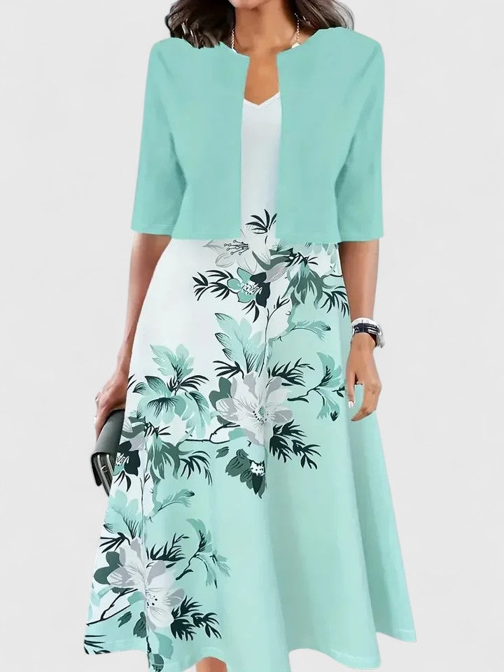 Front view of Elegant Midi Floral Dress with white base and colorful floral border print