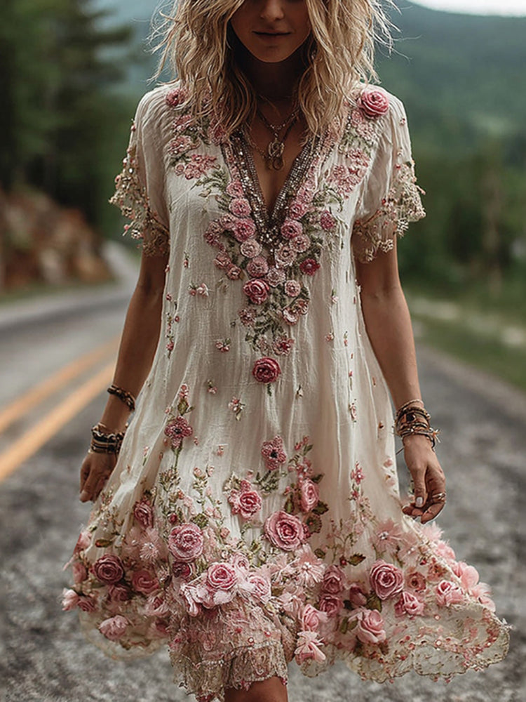 Close-up view of intricate rose embroidery and sheer short sleeves on V neck dress with delicate floral details