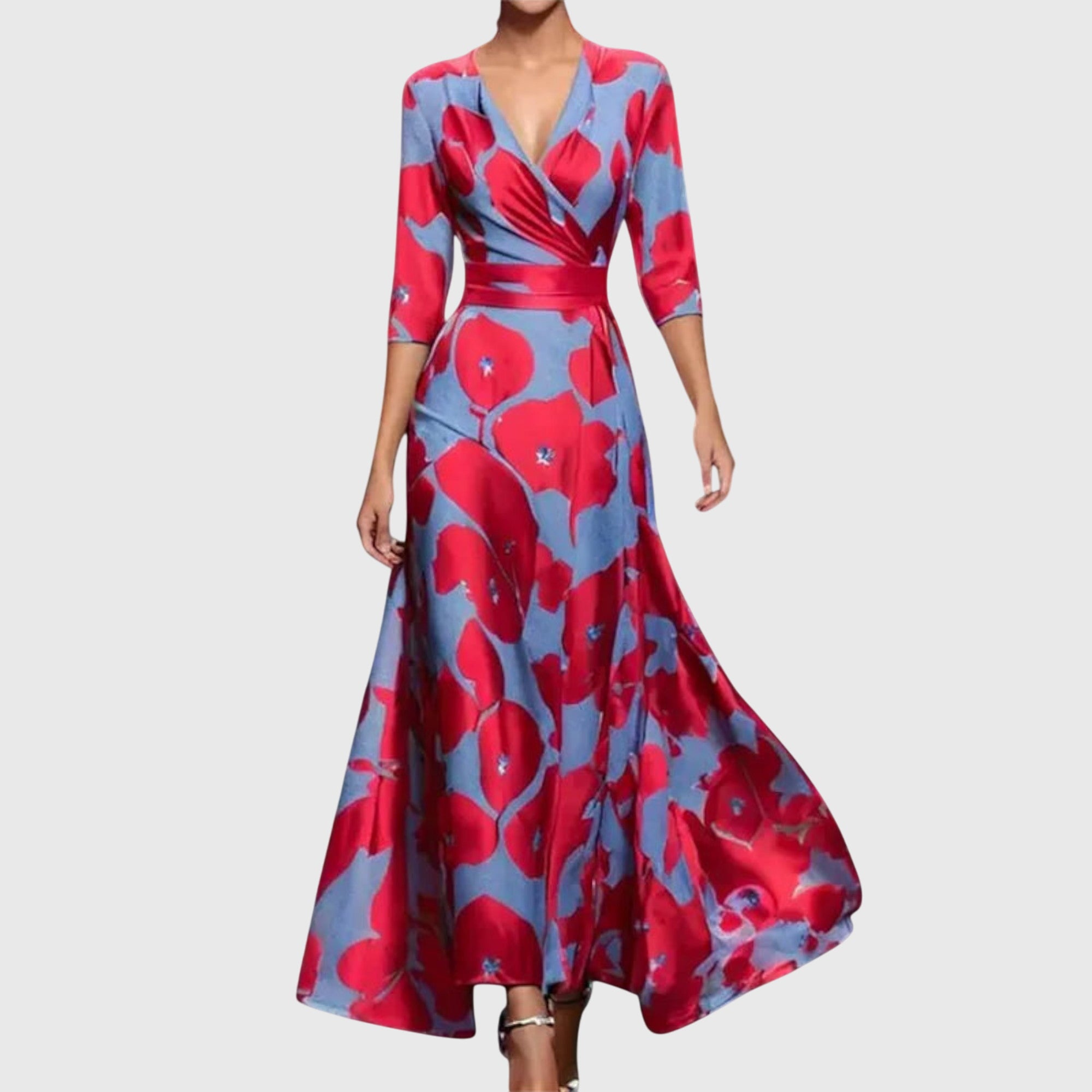 Emma maxi floral dress with bold red poppy print, wrap bodice, and flowing ankle-length skirt