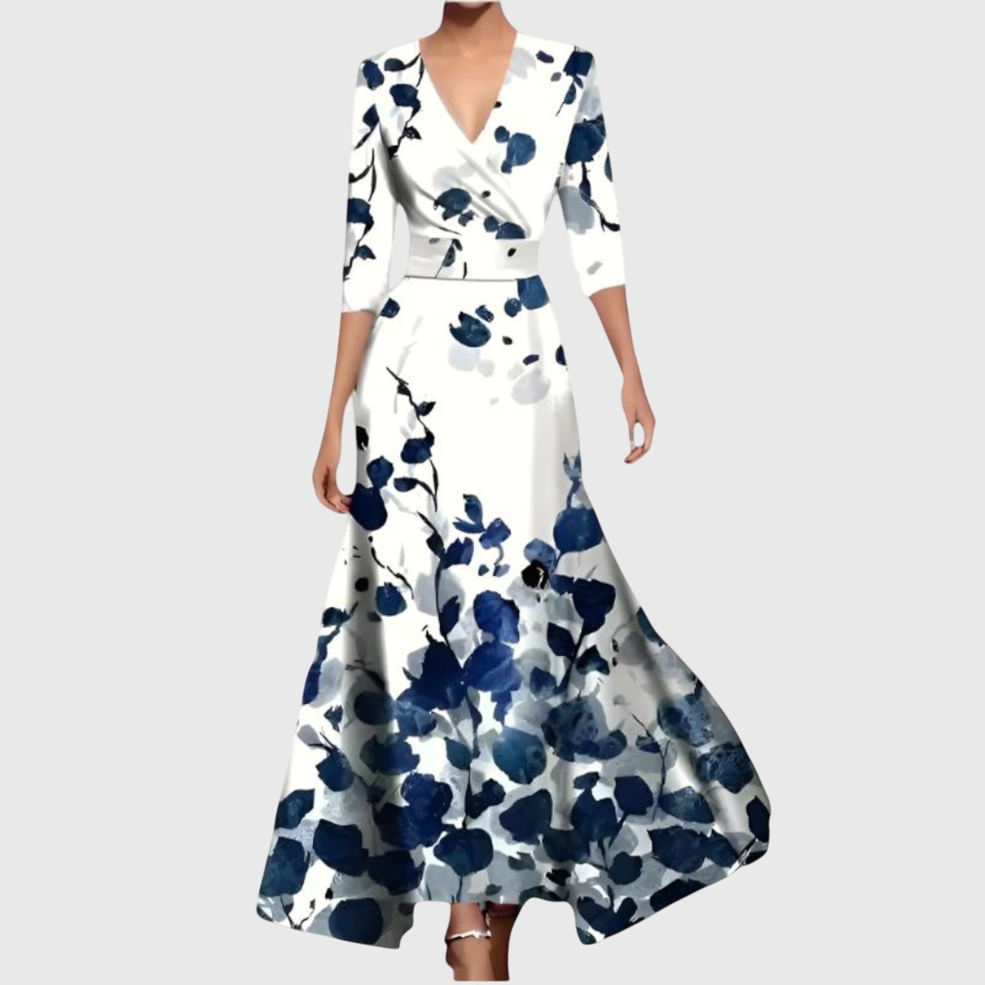 Full-length view of maxi floral dress with red and blue poppy pattern