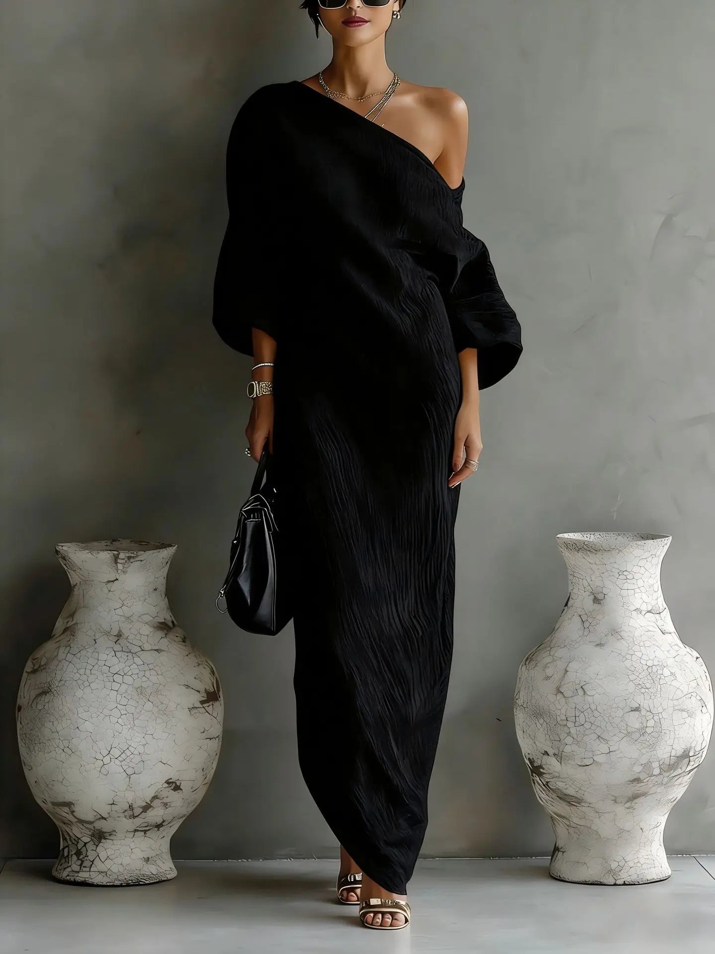 Styled linen one shoulder dress paired with sandals for effortless summer elegance