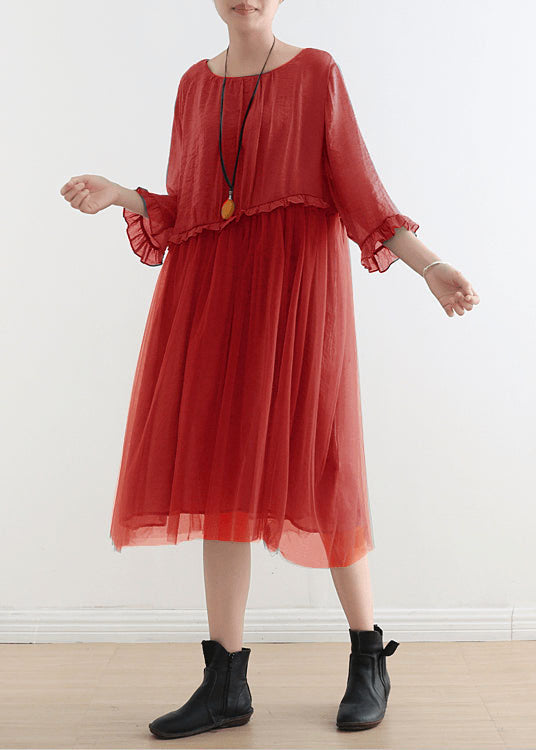Full-length portrait of woman in flowing tulle maxi chiffon summer dress with relaxed fit