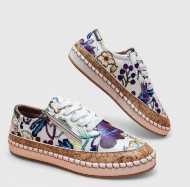 Floral embroidered espadrille sneakers with lace-up front and side zipper closure