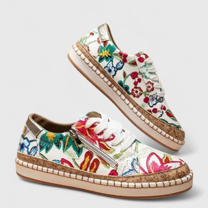Side view of espadrille sneakers with jute-wrapped midsole and rubber outsole