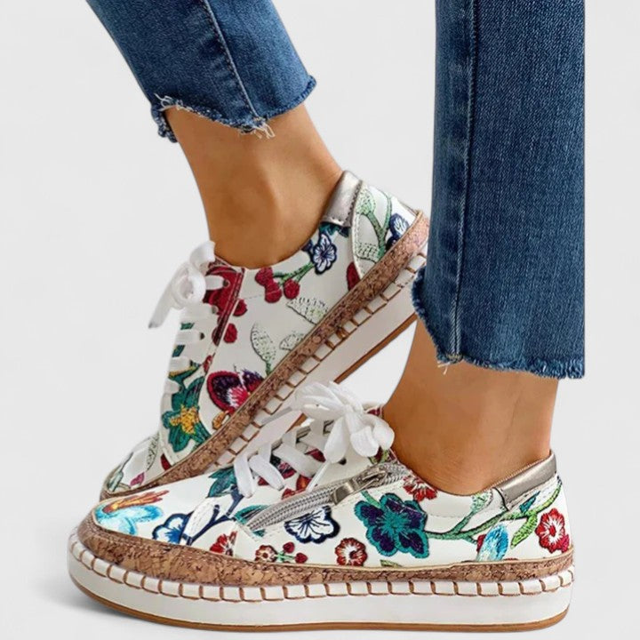 Lace-up orthopedic shoes with embroidered botanical design and arch support