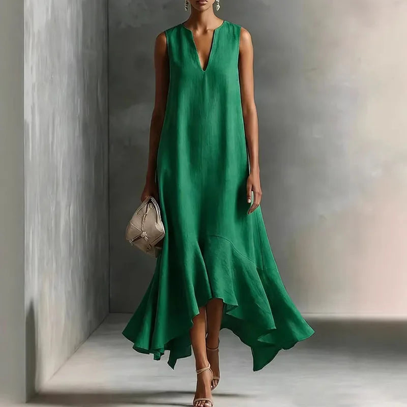 Close-up of V Neck Flowy Sundress neckline and sleeveless construction, displaying drape and fabric movement