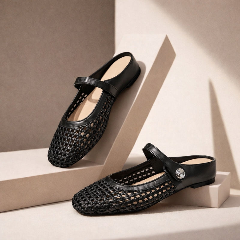 Women's flat mules in metallic gold with square toe silhouette and breathable woven upper design