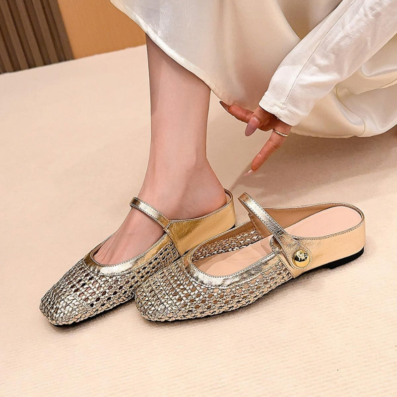 Detail shot of metallic woven texture and adjustable strap on women's Mary Jane mules