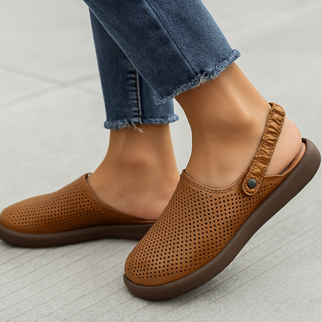 Side profile of women's cushioned sandals with arch support and flexible cushioned sole