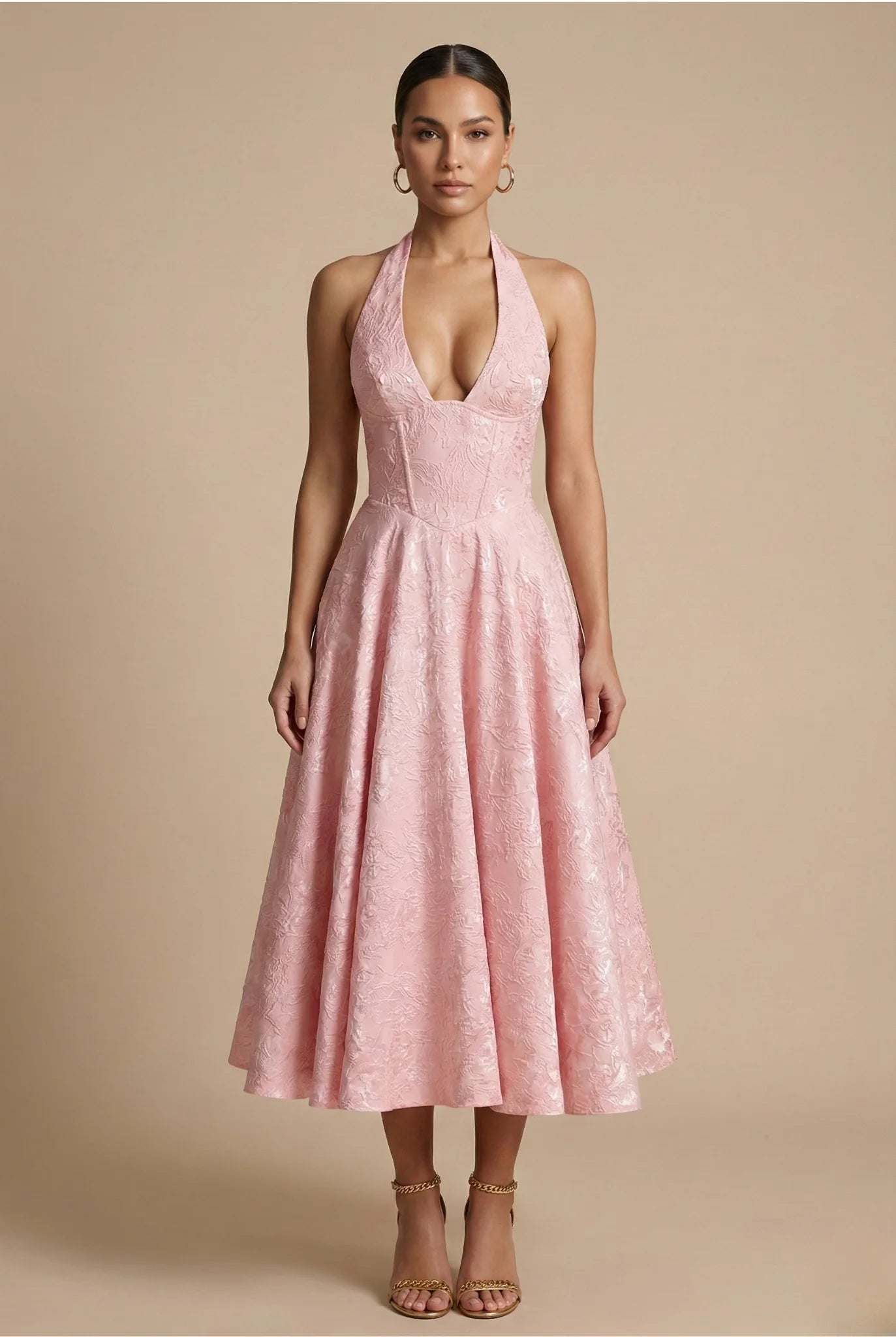 Hannah halter neck midi dress with deep V neckline and full A-line skirt in jacquard fabric