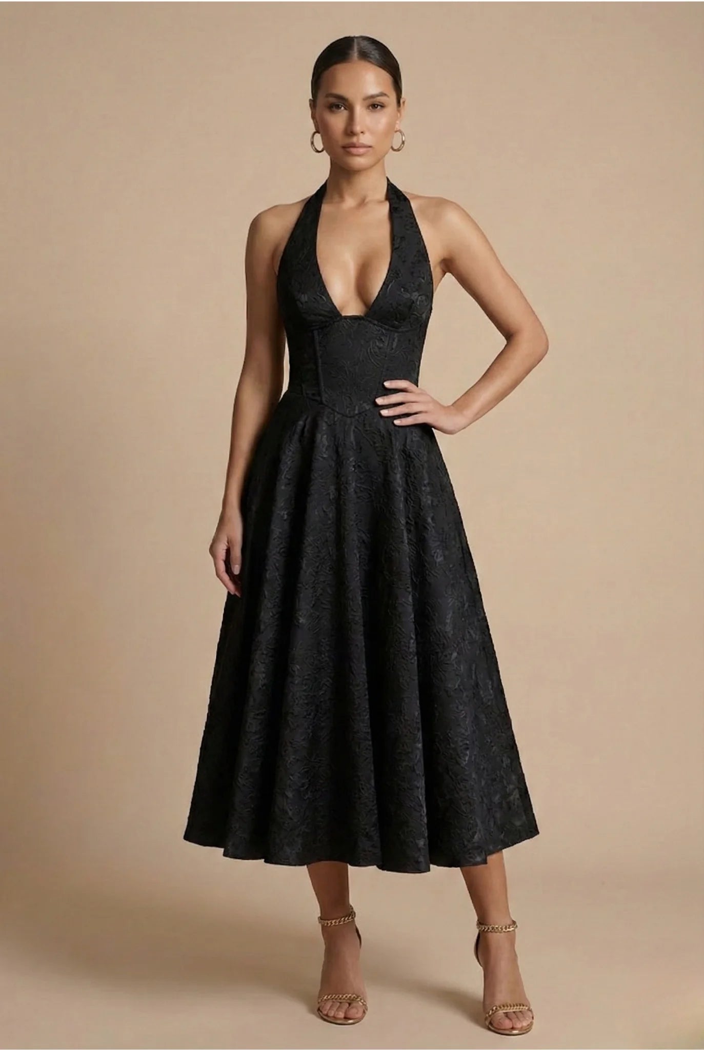 Full-length view of A-line midi dress skirt with pleated volume and mid-calf hemline