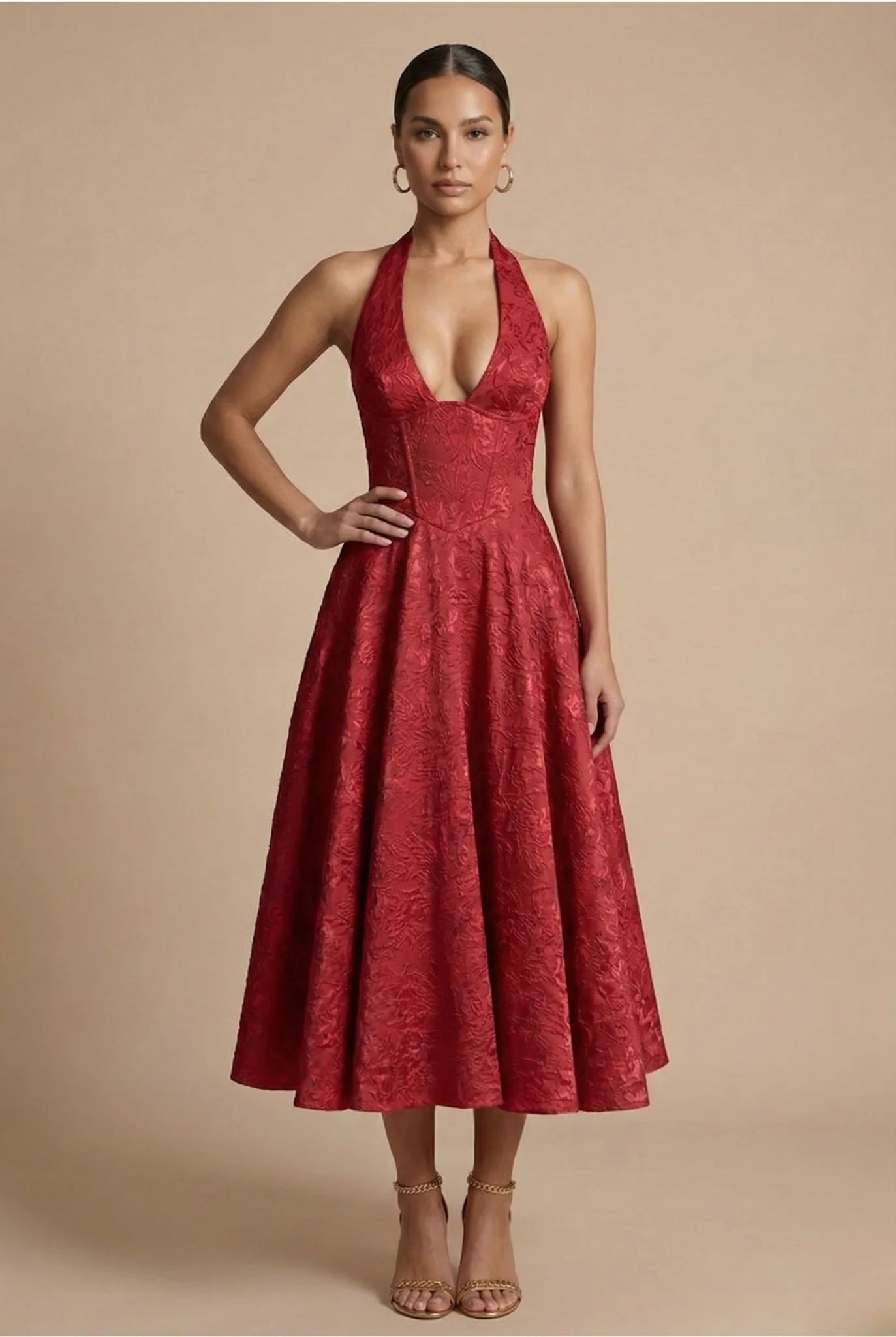 Back view of halter neck midi dress showing adjustable tie and open back design