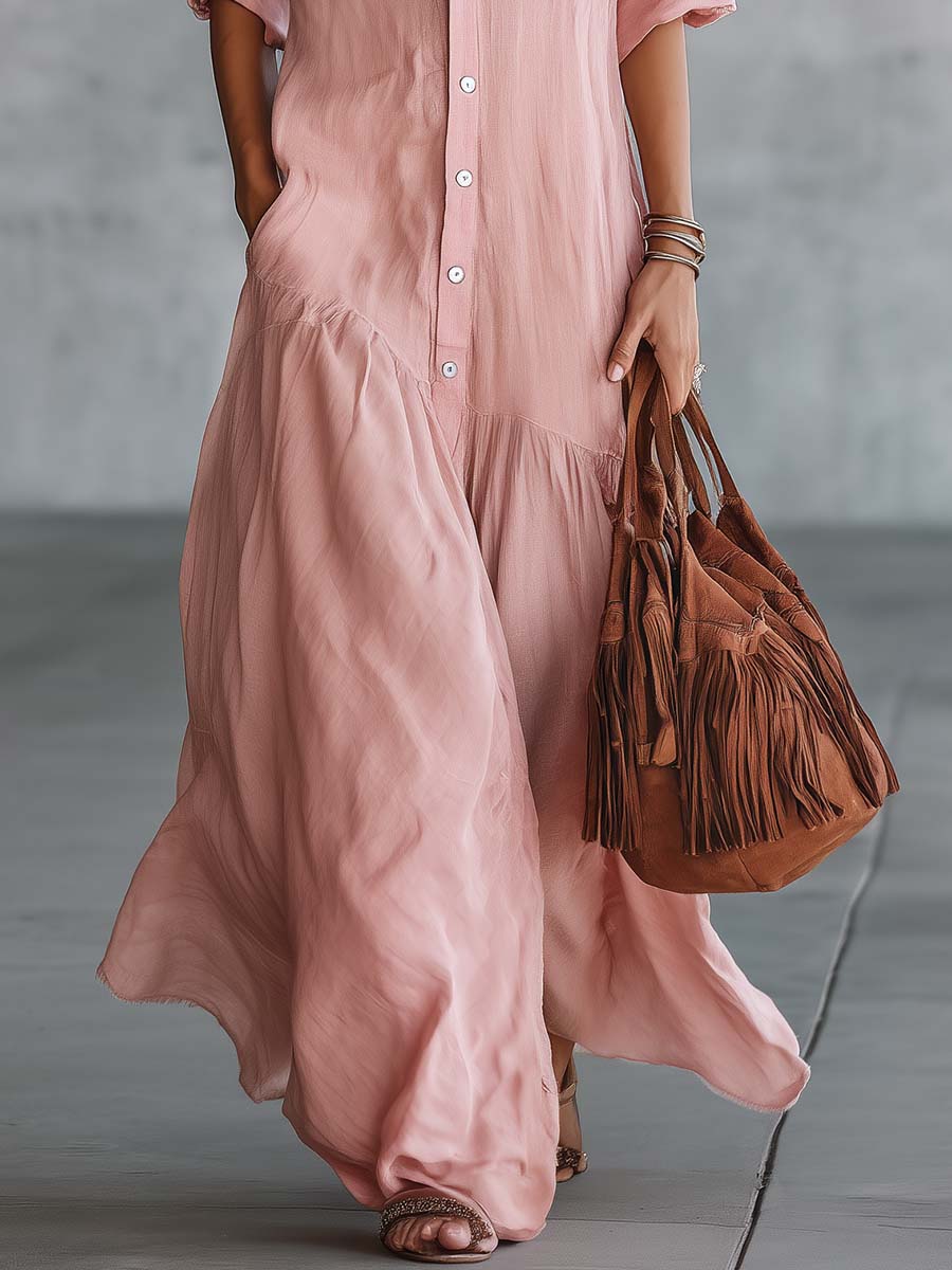 Women's Pink Cotton Linen Maxi Dress showing ruffled hem detail and breathable fabric drape in full length