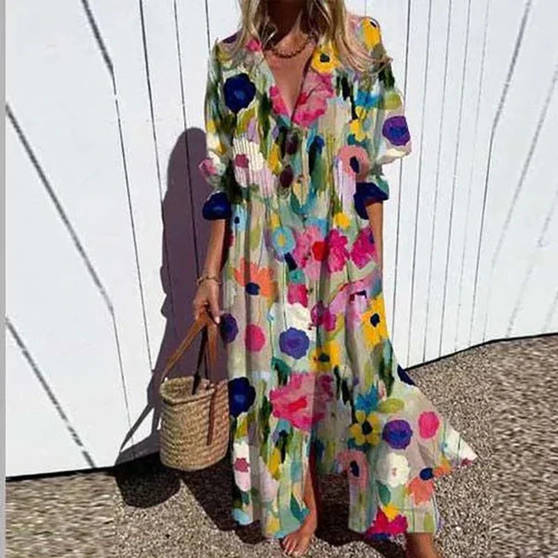 Woman wearing Women's Boho Floral Long Sleeve Maxi Dress with vibrant multicolor floral print and button-front closure