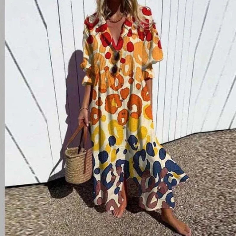 Close-up view of Women's Boho Floral Long Sleeve Maxi Dress showing bold floral pattern and collared neckline detail
