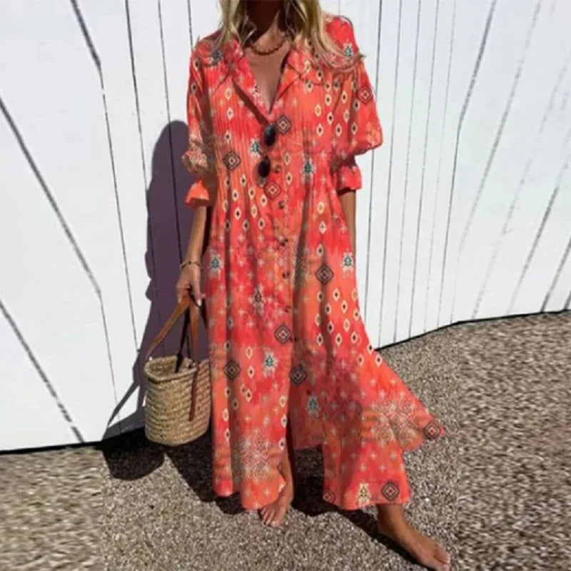 Detail shot of Women's Boho Floral Long Sleeve Maxi Dress button-front closure and long sleeve with roll-up cuff