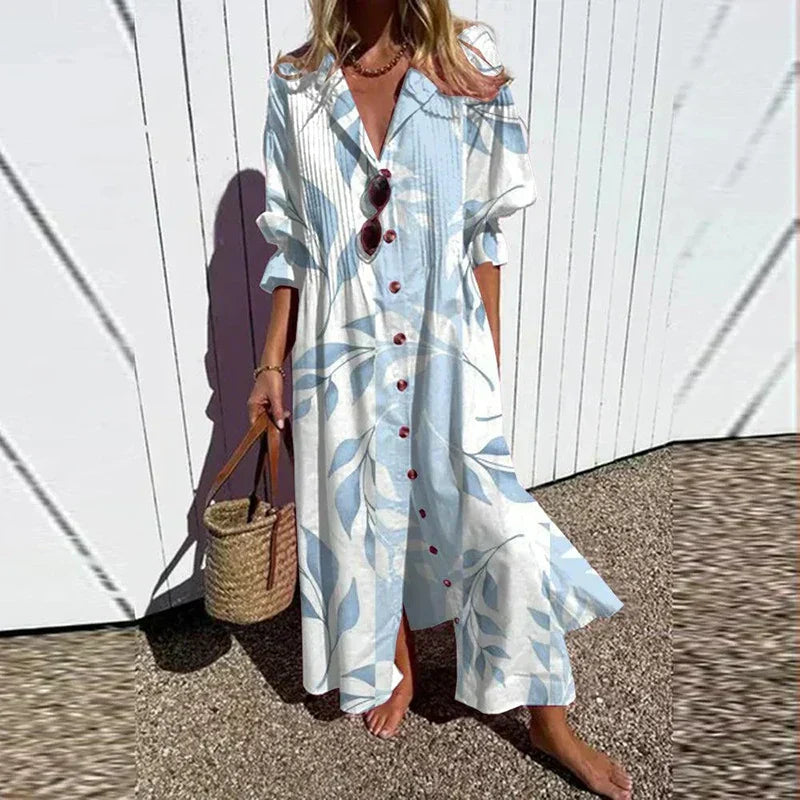 Full-length view of Women's Boho Floral Long Sleeve Maxi Dress styled with woven basket bag for summer look