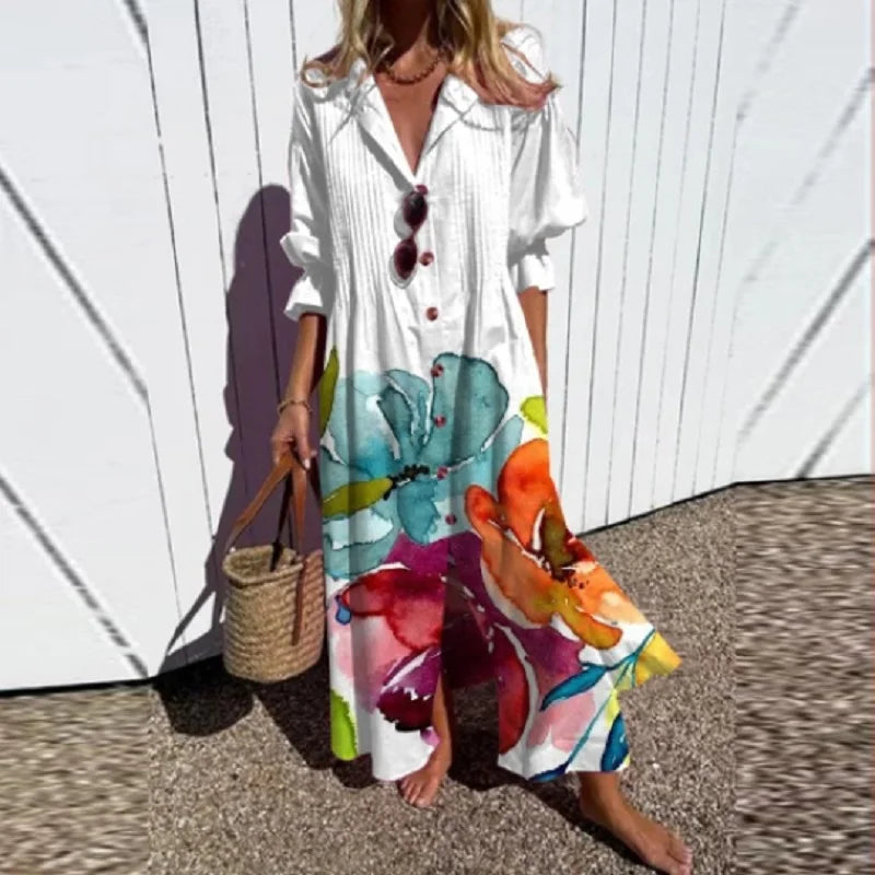 Woman walking in Women's Boho Floral Long Sleeve Maxi Dress demonstrating natural movement and flowing fabric drape