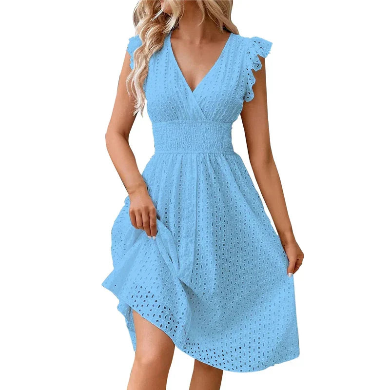 V-neck summer dress styled with sandals and accessories for casual warm-weather wear