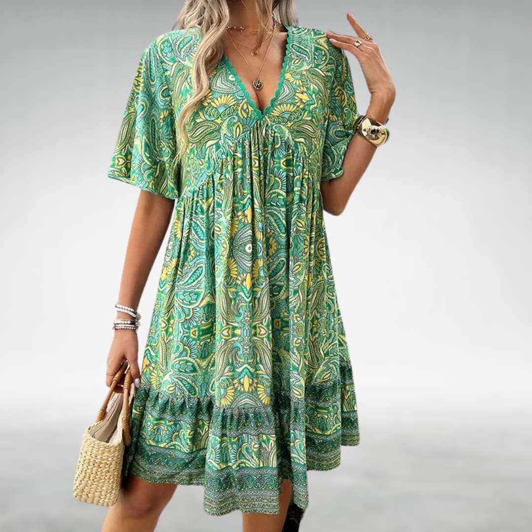 Women's Boho Printed V Neck Mini Dress in green paisley print with short sleeves and tiered hem