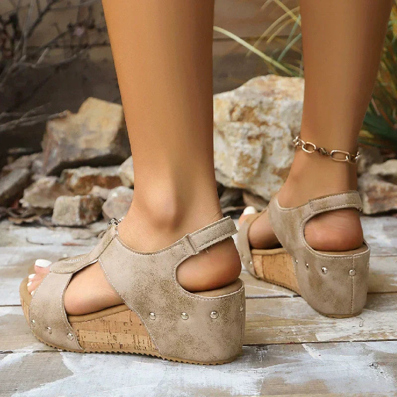 Women's platform wedge sandals with flat forefoot and mid-height cork wedge heel