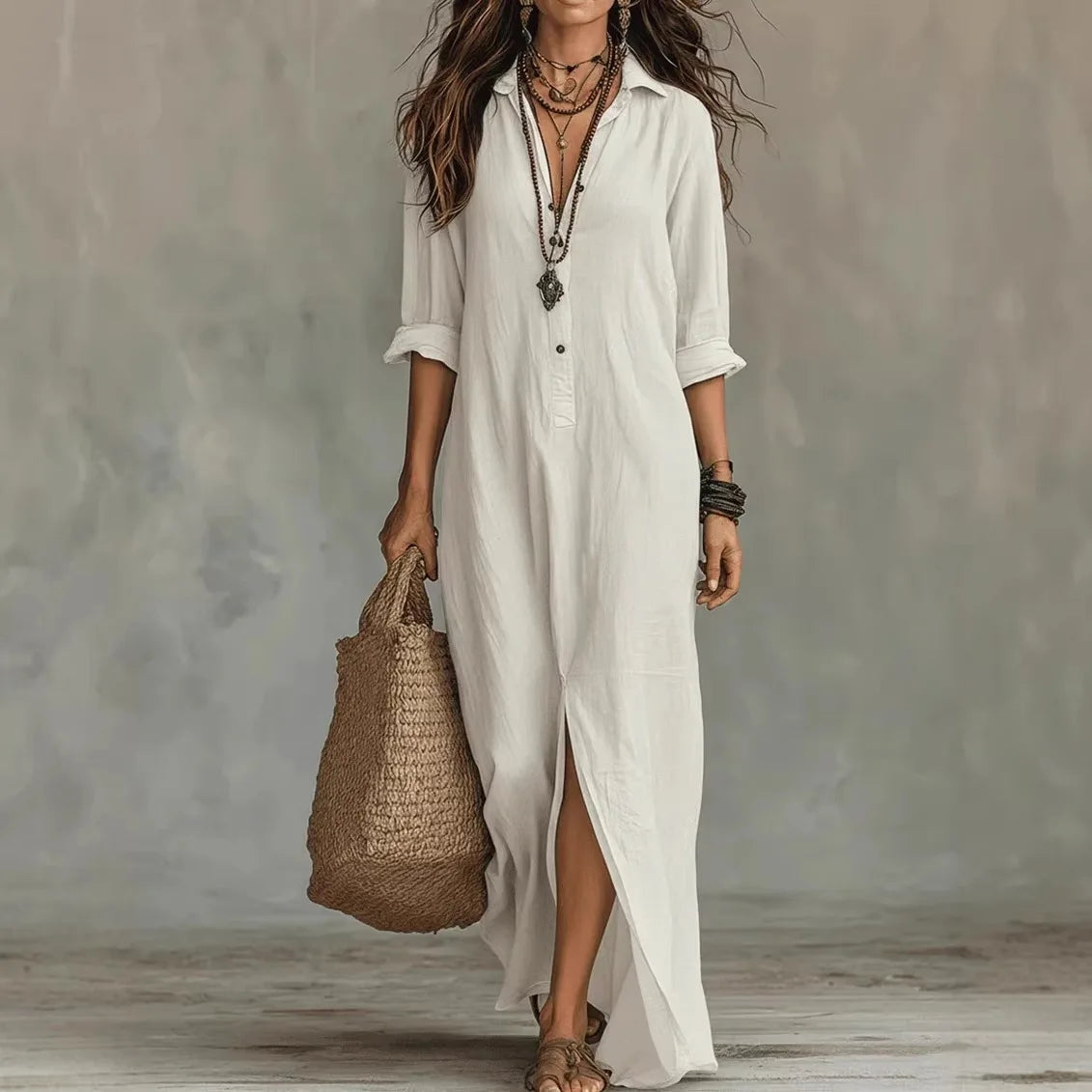 Woman wearing white Linen Long Shirt Dress with collared neckline and three-quarter sleeves in relaxed maxi length