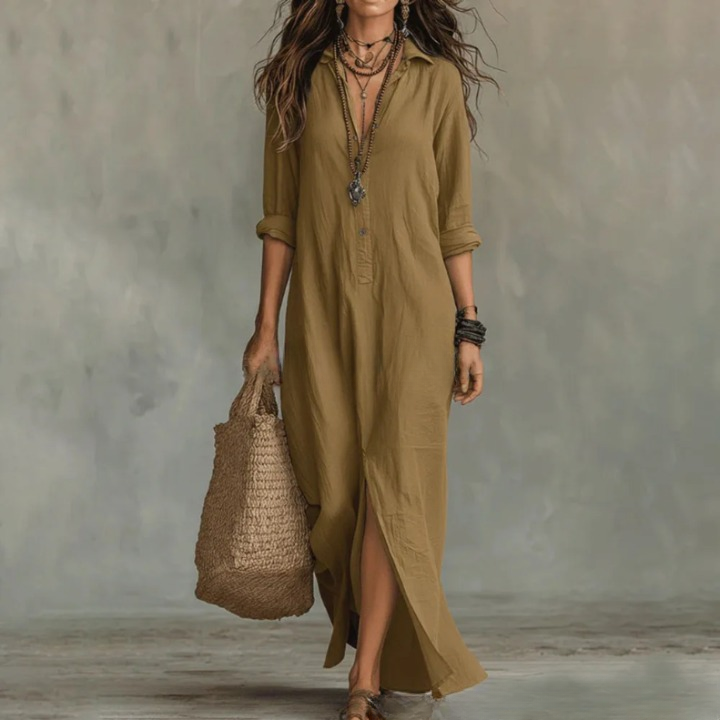 Back view of Linen Long Shirt Dress showing relaxed fit and ankle-length hemline