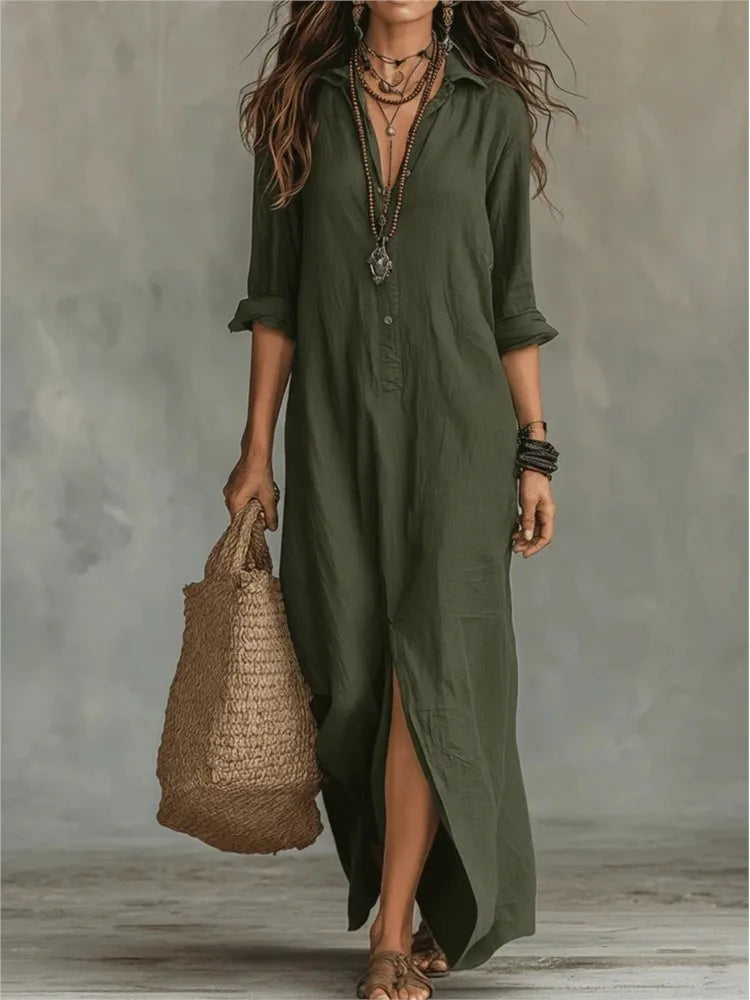 Model wearing Linen Long Shirt Dress with layered necklaces for casual summer styling