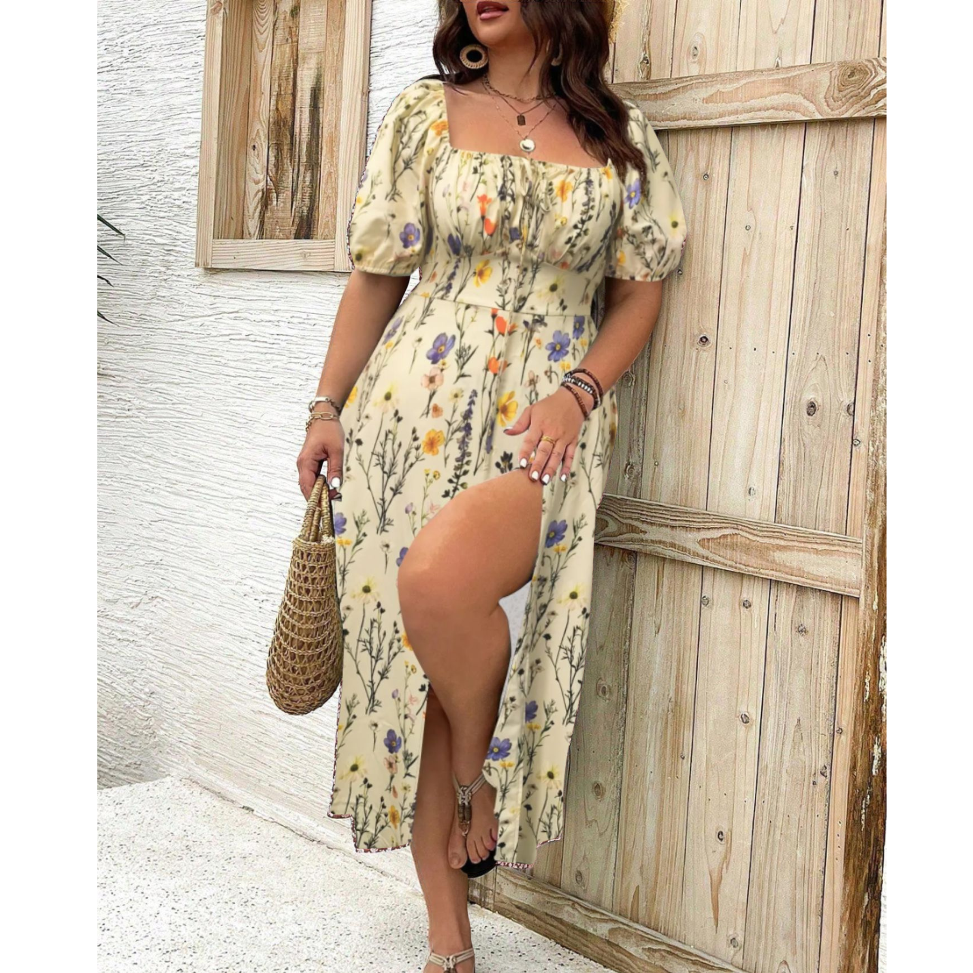 Model wearing floral maxi dress in outdoor setting with natural light