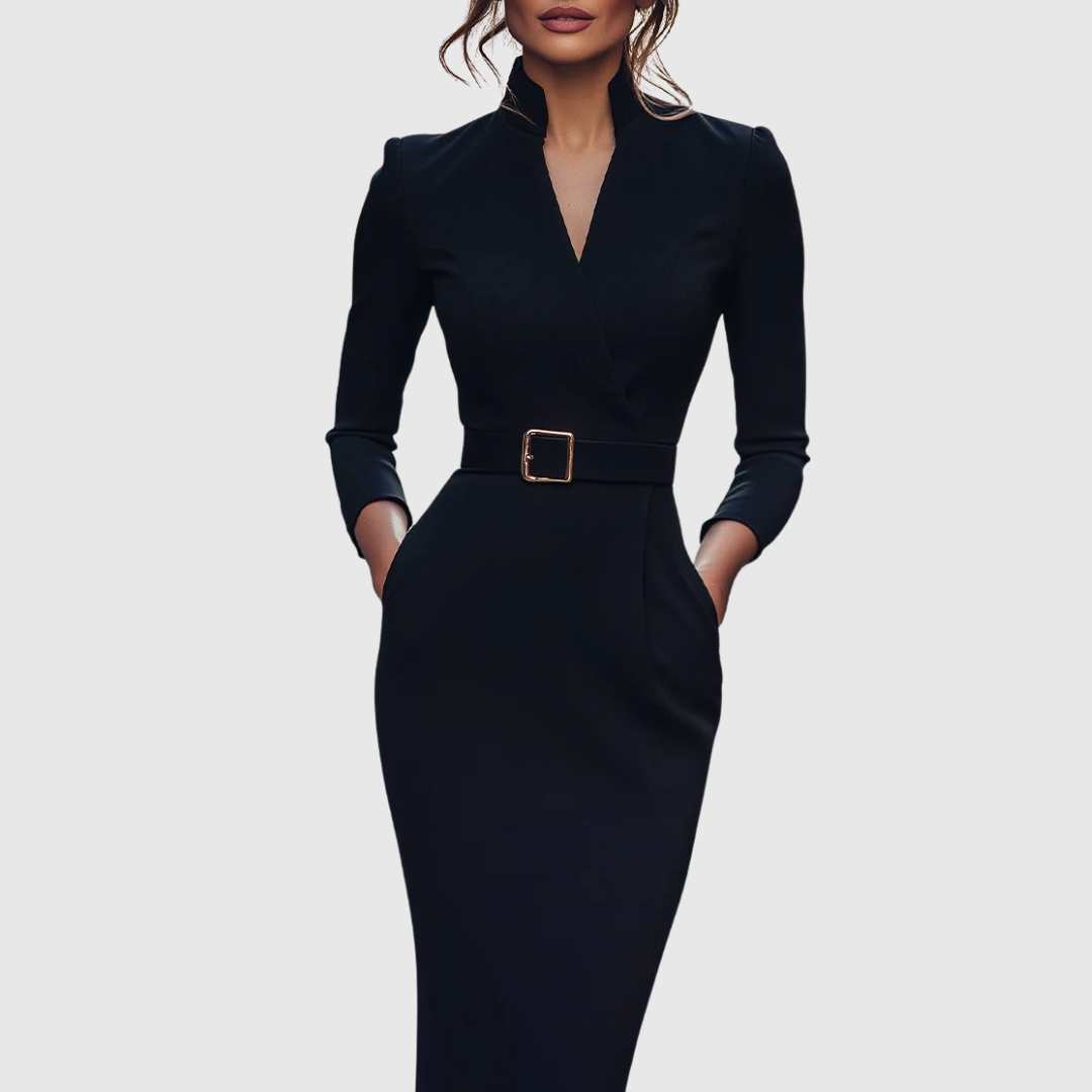 Woman wearing a refined midi dress in black with belted waist and mock wrap neckline