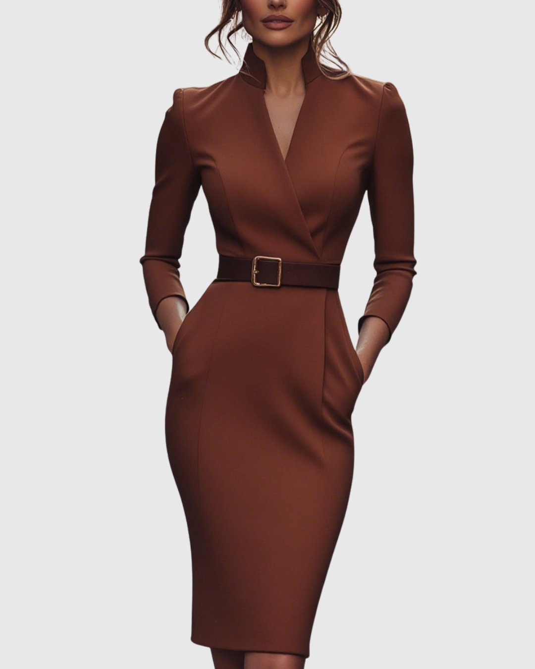 Side pocket detail on refined midi dress for functional everyday wear