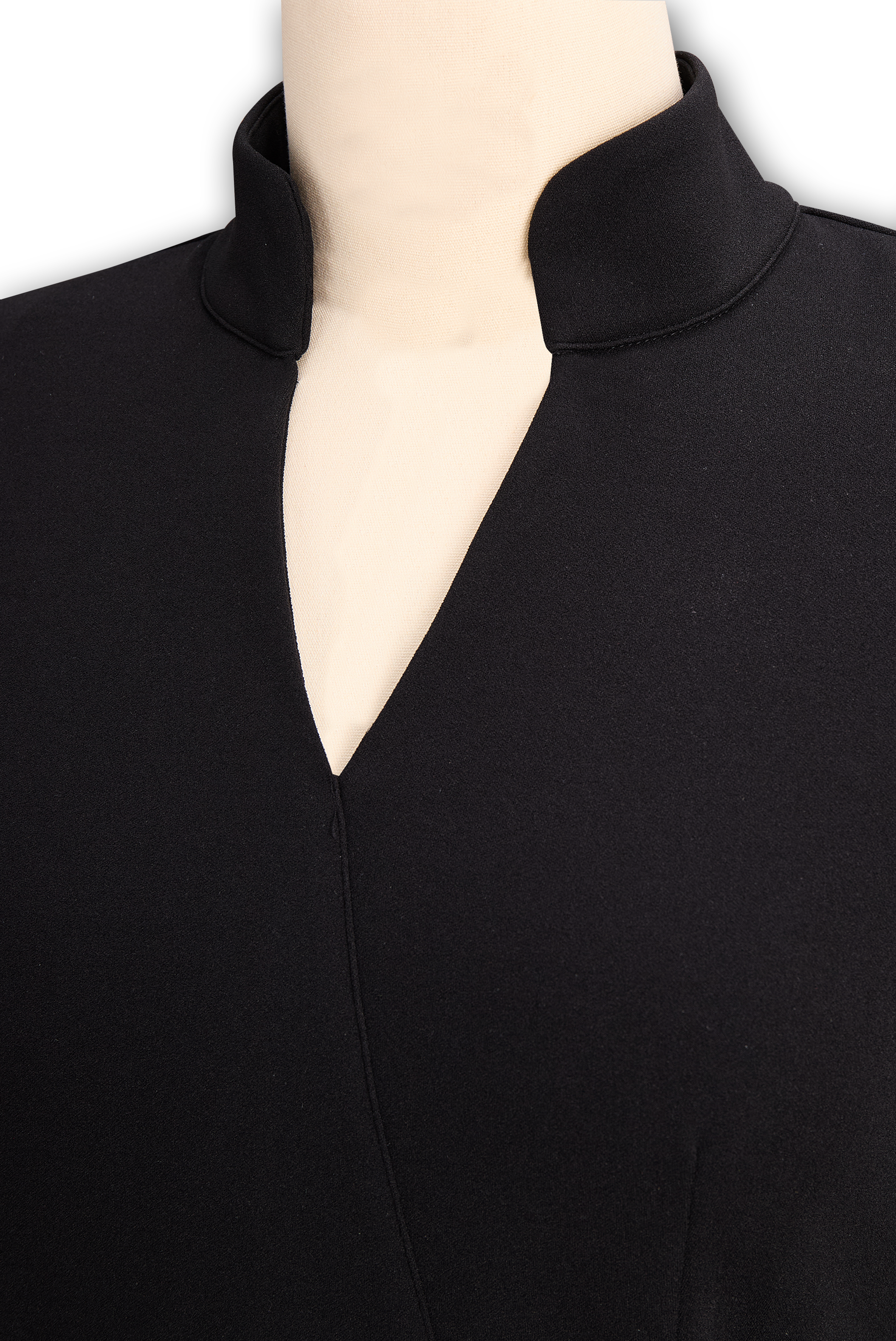 Refined midi dress in brick red highlighting mock wrap neckline and fitted bodice
