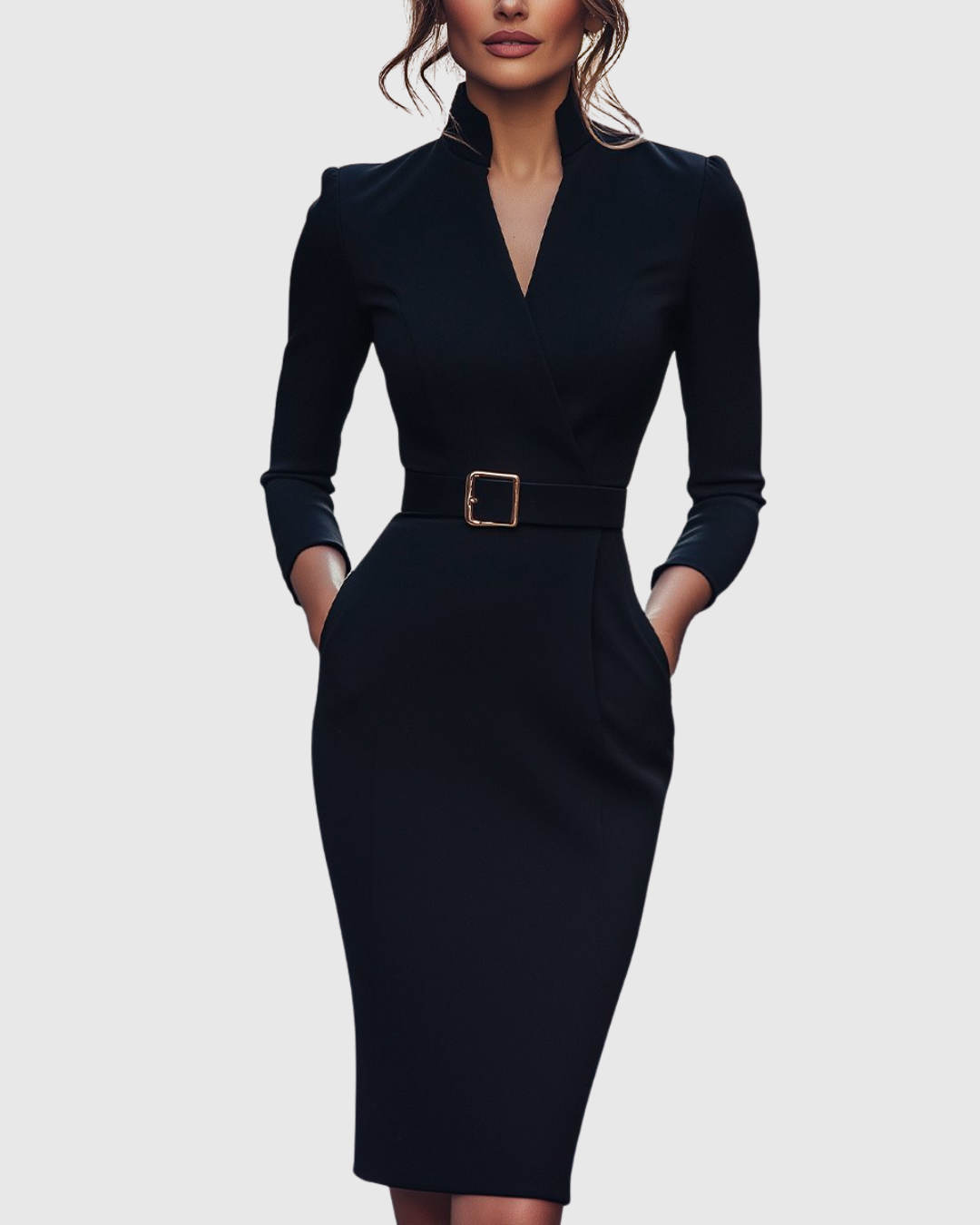 Close-up of refined midi dress showing three-quarter sleeves and square buckle belt detail