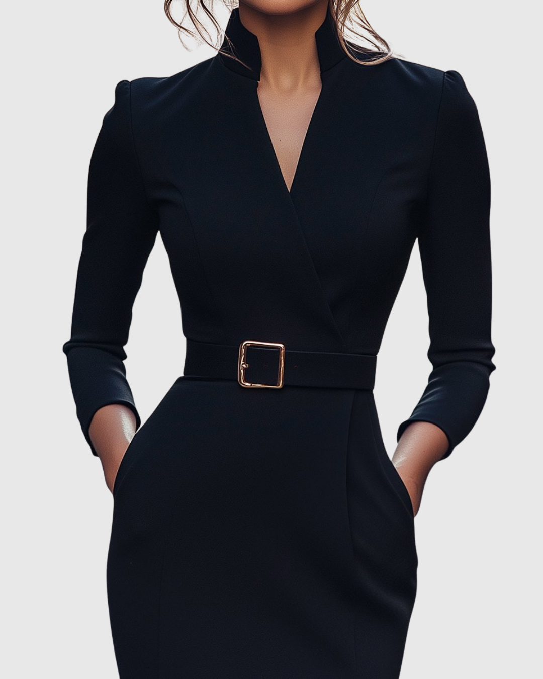 Side view of tailored pencil silhouette refined midi dress with functional pockets